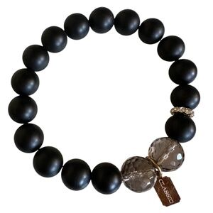 10mm Matte Onyx & Smokey Quartz Stretch Bracelet w/ 14k Gold Filled Tag & Pave